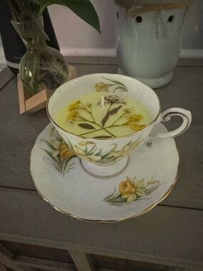 Floral Yellow Teacup Candle in Porcelain Cup and Saucer